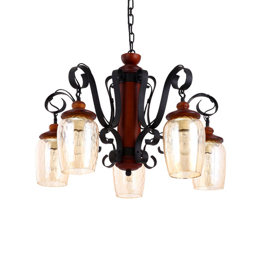 5 Lights Cylinder Ceiling Pendant Light with 27.5" Metal Chain Country Suspension Light in Black Clearhalo 'Ceiling Lights' 'Chandeliers' 'Glass shade' 'Glass' 'Industrial Chandeliers' 'Industrial' 'Middle Century Chandeliers' 'Tiffany' Lighting' 415924