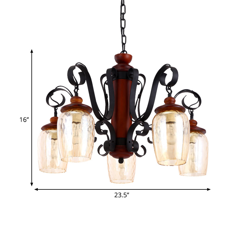 5 Lights Cylinder Ceiling Pendant Light with 27.5" Metal Chain Country Suspension Light in Black Clearhalo 'Ceiling Lights' 'Chandeliers' 'Glass shade' 'Glass' 'Industrial Chandeliers' 'Industrial' 'Middle Century Chandeliers' 'Tiffany' Lighting' 415925