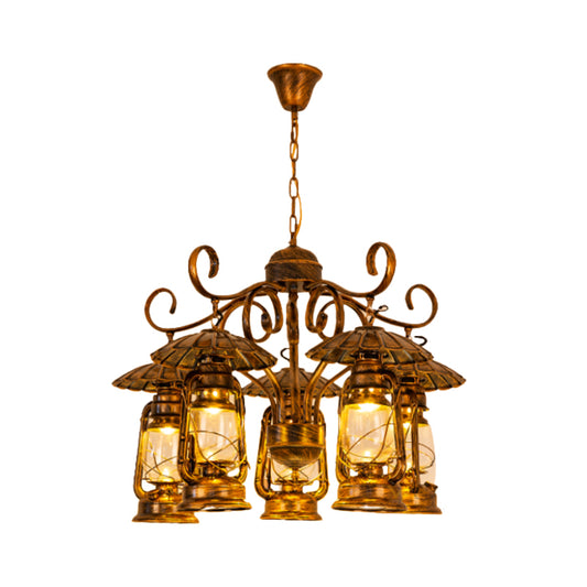 Aged Brass Lantern Suspension Light Village Style Metal and Clear Glass 5 Light Dining Room Chandelier Clearhalo 'Ceiling Lights' 'Chandeliers' 'Close To Ceiling Lights' 'Glass shade' 'Glass' 'Industrial Chandeliers' 'Industrial' 'Middle Century Chandeliers' 'Tiffany' Lighting' 415928