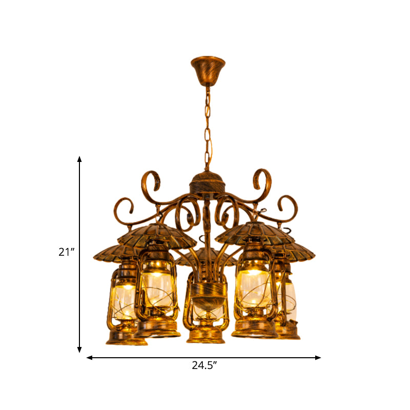 Aged Brass Lantern Suspension Light Village Style Metal and Clear Glass 5 Light Dining Room Chandelier Clearhalo 'Ceiling Lights' 'Chandeliers' 'Close To Ceiling Lights' 'Glass shade' 'Glass' 'Industrial Chandeliers' 'Industrial' 'Middle Century Chandeliers' 'Tiffany' Lighting' 415929