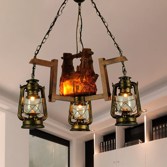 Loft Style Lantern Pendant Light 3 Lights Metal Aged Brass Chandelier for Restaurant Antique Brass Clearhalo 'Ceiling Lights' 'Chandeliers' 'Close To Ceiling Lights' 'Glass shade' 'Glass' 'Industrial Chandeliers' 'Industrial' 'Middle Century Chandeliers' 'Tiffany' Lighting' 415930