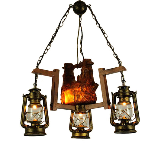 Loft Style Lantern Pendant Light 3 Lights Metal Aged Brass Chandelier for Restaurant Clearhalo 'Ceiling Lights' 'Chandeliers' 'Close To Ceiling Lights' 'Glass shade' 'Glass' 'Industrial Chandeliers' 'Industrial' 'Middle Century Chandeliers' 'Tiffany' Lighting' 415932