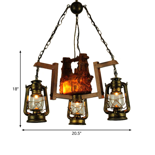 Loft Style Lantern Pendant Light 3 Lights Metal Aged Brass Chandelier for Restaurant Clearhalo 'Ceiling Lights' 'Chandeliers' 'Close To Ceiling Lights' 'Glass shade' 'Glass' 'Industrial Chandeliers' 'Industrial' 'Middle Century Chandeliers' 'Tiffany' Lighting' 415933