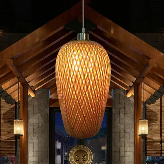 1 Bulb Restaurant Pendant Lighting Traditionary Wood Hanging Lamp Kit with Weave Bamboo Shade Wood Clearhalo 'Ceiling Lights' 'Modern Pendants' 'Modern' 'Pendant Lights' 'Pendants' Lighting' 415964