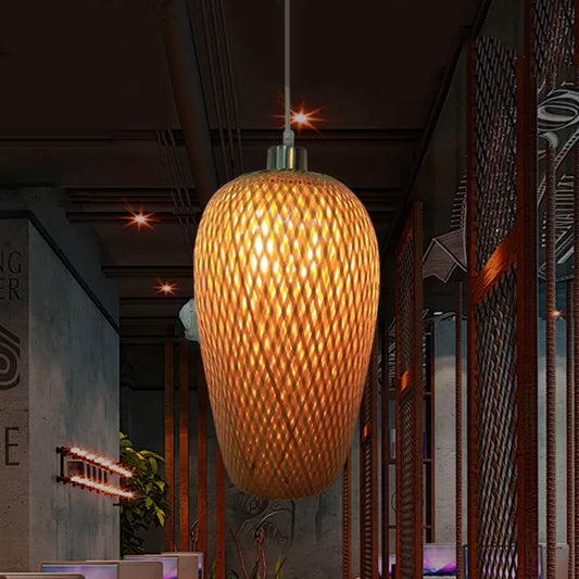 1 Bulb Restaurant Pendant Lighting Traditionary Wood Hanging Lamp Kit with Weave Bamboo Shade Clearhalo 'Ceiling Lights' 'Modern Pendants' 'Modern' 'Pendant Lights' 'Pendants' Lighting' 415965