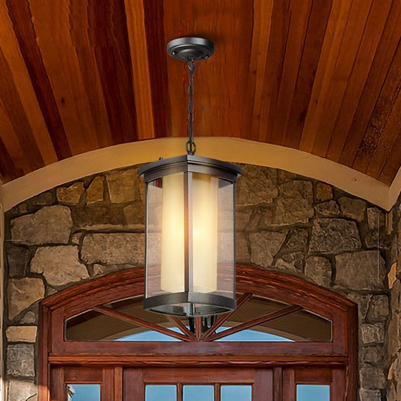 Industrial Rectangle Hanging Light Double Glass Shade 1 Light Outdoor Pendant Light in Black for Courtyard, 5"/7"/8" W Clearhalo 'Ceiling Lights' 'Chandeliers' 'Glass shade' 'Glass' 'Industrial Pendants' 'Industrial' 'Middle Century Pendants' 'Pendant Lights' 'Pendants' 'Tiffany' Lighting' 415993