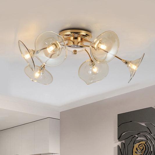 6 Lights Dining Room Semi Flush Mount Lamp with Trumpet Glass Shade Nordic Gold Ceiling Light Fixture Clearhalo 'Ceiling Lights' 'Close To Ceiling Lights' 'Close to ceiling' 'Glass shade' 'Glass' 'Pendant Lights' 'Semi-flushmount' Lighting' 416066