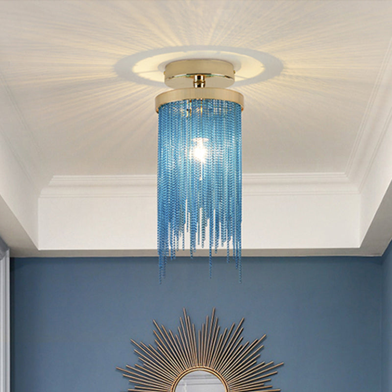 Gold/Chrome/Blue Metal Chain Semi Flush Mount Lamp Modern 1 Light Living Room Ceiling Mounted Fixture Clearhalo 'Ceiling Lights' 'Close To Ceiling Lights' 'Close to ceiling' 'Glass shade' 'Glass' 'Island Lights' 'Semi-flushmount' Lighting' 416143