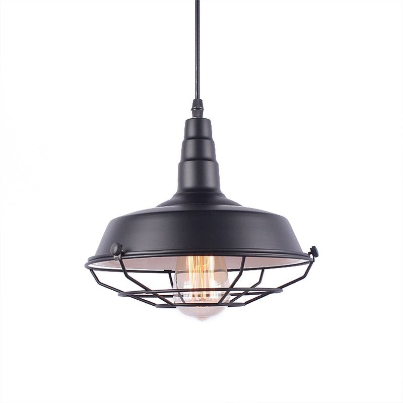 White Inner/Black Wire Guard Pendant Lighting with Barn Shade Vintage Wrought Iron 1 Light Kitchen Suspended Light Clearhalo 'Art Deco Pendants' 'Black' 'Cast Iron' 'Ceiling Lights' 'Ceramic' 'Crystal' 'Industrial Pendants' 'Industrial' 'Metal' 'Middle Century Pendants' 'Pendant Lights' 'Pendants' 'Rustic Pendants' 'Tiffany' Lighting' 42680