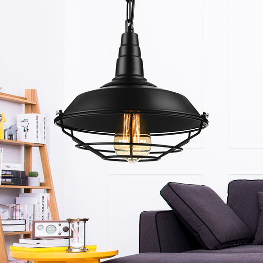 Retro Stylish Wire Guard Pendant Light with Barn Shade 10"/14"/18" Wide 1 Light Metal Hanging Fixture in Black/Bronze/Rust for Kitchen Black Clearhalo 'Art Deco Pendants' 'Black' 'Cast Iron' 'Ceiling Lights' 'Ceramic' 'Crystal' 'Industrial Pendants' 'Industrial' 'Metal' 'Middle Century Pendants' 'Pendant Lights' 'Pendants' 'Rustic Pendants' 'Tiffany' Lighting' 4294