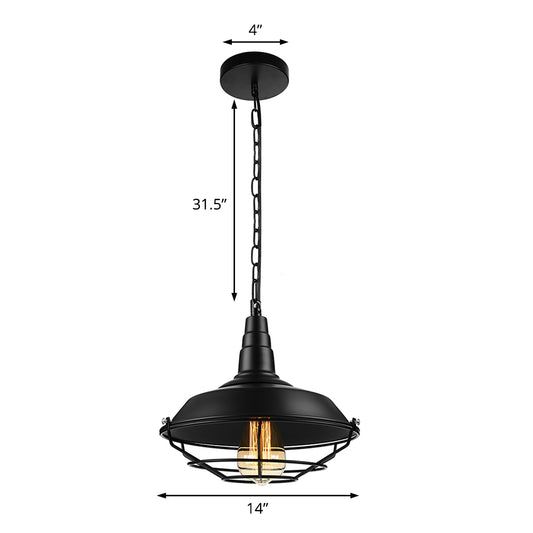 Retro Stylish Wire Guard Pendant Light with Barn Shade 10"/14"/18" Wide 1 Light Metal Hanging Fixture in Black/Bronze/Rust for Kitchen Clearhalo 'Art Deco Pendants' 'Black' 'Cast Iron' 'Ceiling Lights' 'Ceramic' 'Crystal' 'Industrial Pendants' 'Industrial' 'Metal' 'Middle Century Pendants' 'Pendant Lights' 'Pendants' 'Rustic Pendants' 'Tiffany' Lighting' 4300