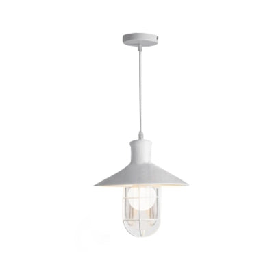 Nautical Style Cone Ceiling Light with Wire Guard 1 Light Metallic Hanging Pendant Light in Rust/White Clearhalo 'Art Deco Pendants' 'Cast Iron' 'Ceiling Lights' 'Ceramic' 'Crystal' 'Industrial Pendants' 'Industrial' 'Metal' 'Middle Century Pendants' 'Modern Pendants' 'Modern' 'Pendant Lights' 'Pendants' 'Tiffany' Lighting' 43209