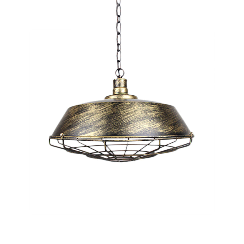 Rustic Stylish Wire Cage Pendant Light with Barn Shade 1 Light Iron Ceiling Light Fixture in Antique Brass/Rust, 10"/14"/18" Width Clearhalo 'Art Deco Pendants' 'Cast Iron' 'Ceiling Lights' 'Ceramic' 'Crystal' 'Industrial Pendants' 'Industrial' 'Metal' 'Middle Century Pendants' 'Pendant Lights' 'Pendants' 'Tiffany' Lighting' 4347