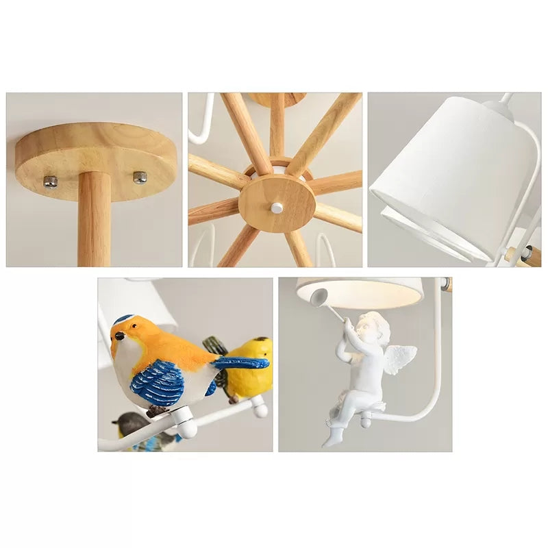 Modern Stylish Chandelier Light Tapered Shade Fabric & Wood Hanging Light for Child Bedroom Clearhalo 'Ceiling Lights' 'Chandeliers' Lighting' options 43497