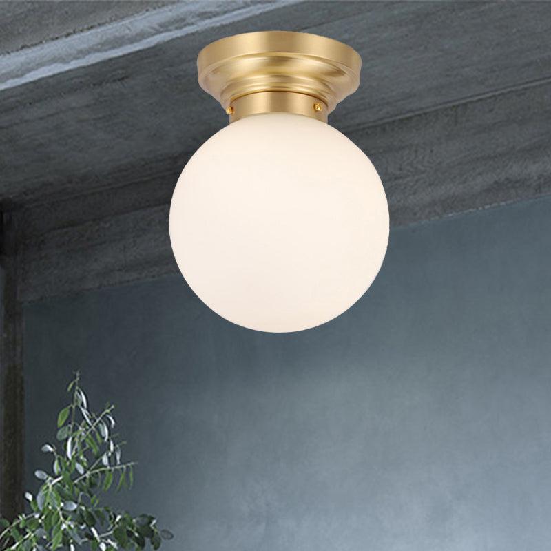1 Bulb Brass/Black Finish Close to Ceiling Light with Frosted Globe Glass Shade Minimalist Semi-Flushmount Light Clearhalo 'Ceiling Lights' 'Close To Ceiling Lights' 'Close to ceiling' 'Flush mount' Lighting' 438271