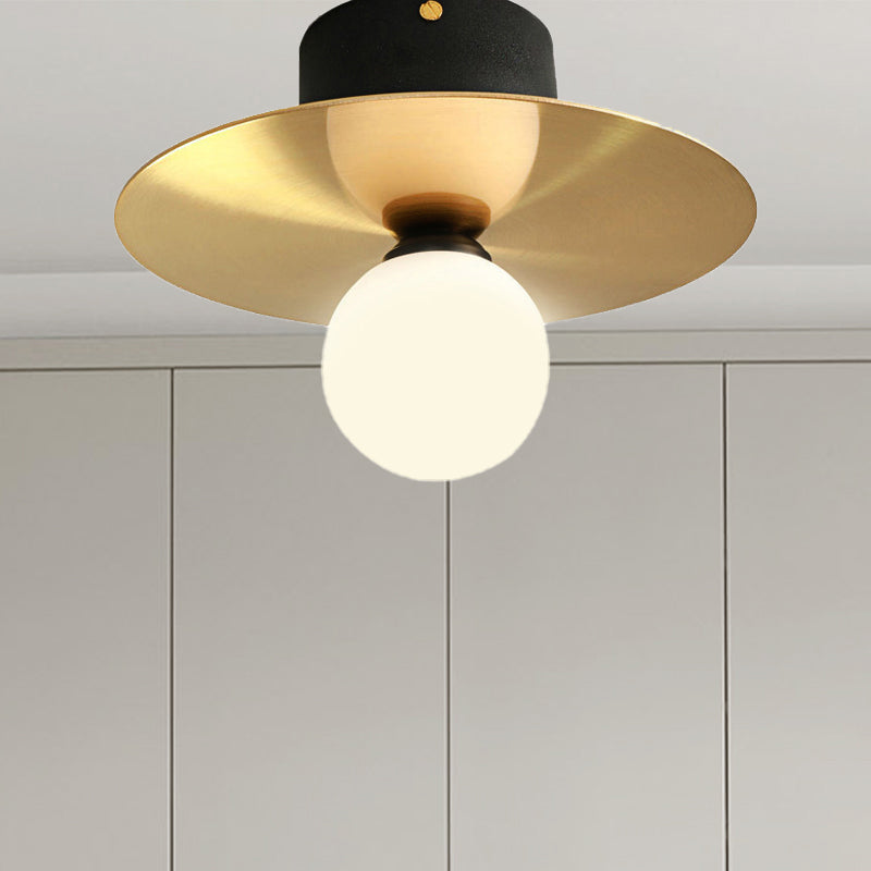 Milk Glass Globe Light Fixture Ceiling with Golden Disk Contemporary 1 Bulb Ceiling Light for Living Room - Clearhalo - 'Ceiling Lights' - 'Close To Ceiling Lights' - 'Close to ceiling' - 'Flush mount' - Lighting' - 438273