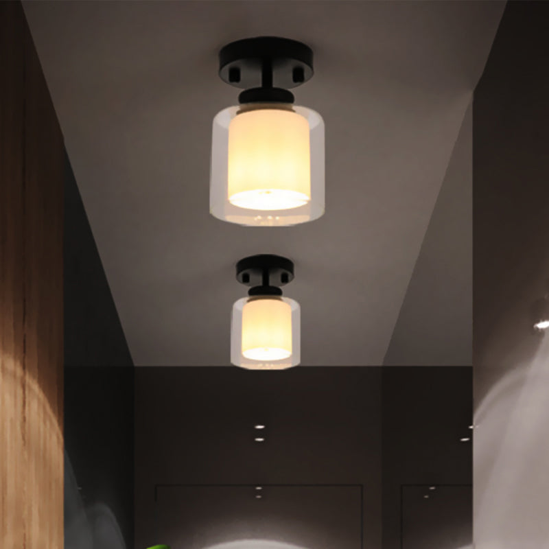 Black/Silver/Gold Finish Cylinder Semi Flush Ceiling Light with Glass Shade Contemporary 1 Bulb Semi Flush Light Fixture Clearhalo 'Ceiling Lights' 'Close To Ceiling Lights' 'Close to ceiling' 'Glass shade' 'Glass' Lighting' 438295