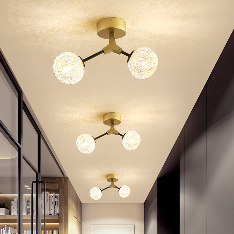 Handwoven Ball Semi Flush Light Fixture Modern 1 Head Ceiling Flush Mount in Gold Finish Clearhalo 'Ceiling Lights' 'Close To Ceiling Lights' 'Close to ceiling' 'Flush mount' Lighting' 438312