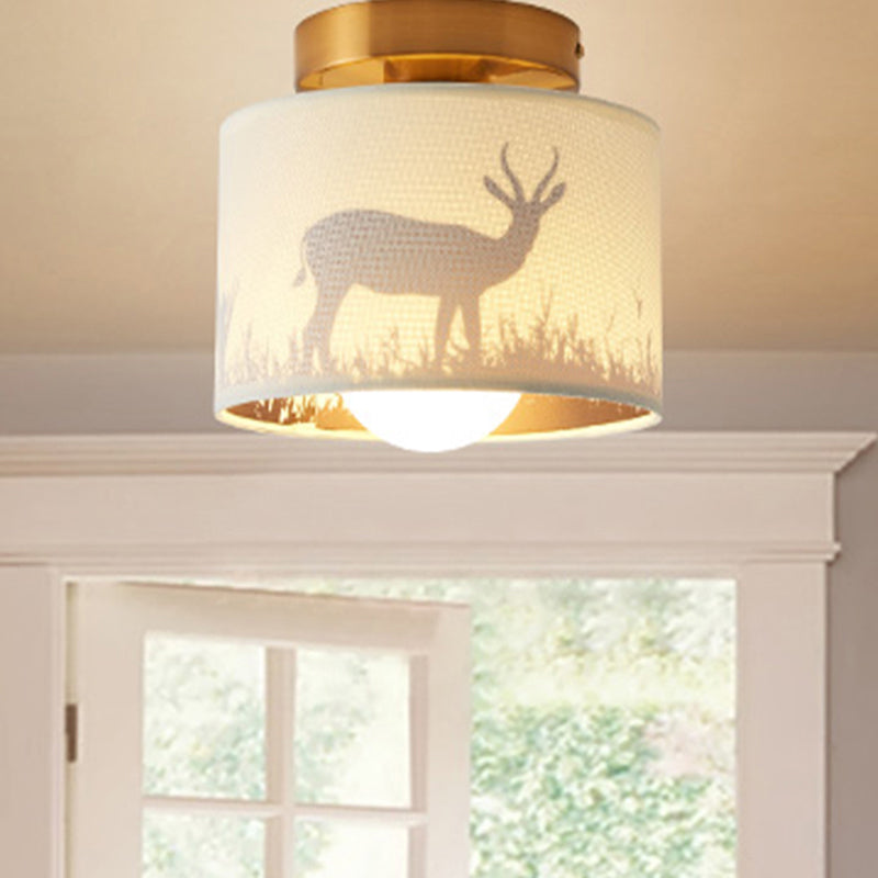 Fabric Cylinder Flush Mount Fixture with Flower/Deer Pattern Nordic 1 Bulb Flush Mount Ceiling Light for Foyer White Deer Clearhalo 'Ceiling Lights' 'Close To Ceiling Lights' 'Close to ceiling' 'Semi-flushmount' Lighting' 438314