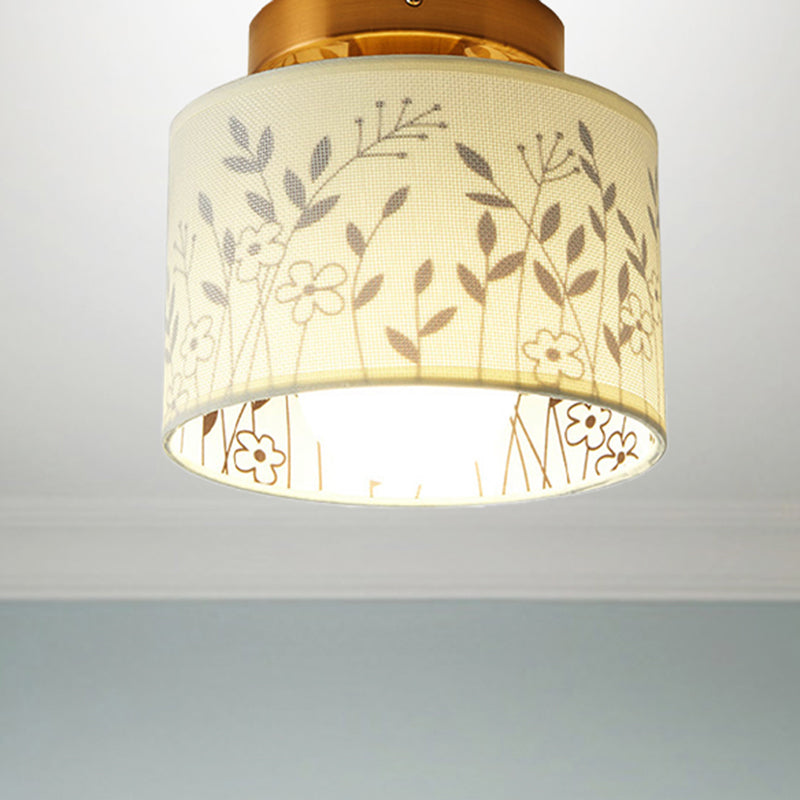 Fabric Cylinder Flush Mount Fixture with Flower/Deer Pattern Nordic 1 Bulb Flush Mount Ceiling Light for Foyer Clearhalo 'Ceiling Lights' 'Close To Ceiling Lights' 'Close to ceiling' 'Semi-flushmount' Lighting' 438315
