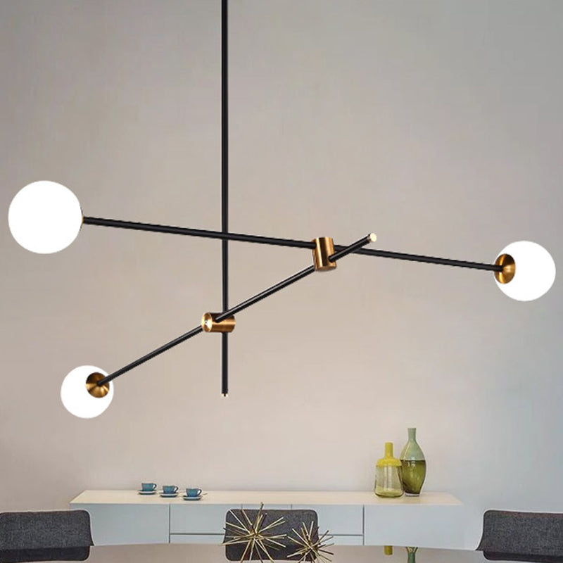 Modernist Exposed Ceiling Lamp Metallic 2/3 Lights Living Room Black Pendant Lighting with Opal Glass Ball Shade Clearhalo 'Ceiling Lights' 'Chandeliers' 'Modern Chandeliers' 'Modern' Lighting' 438428