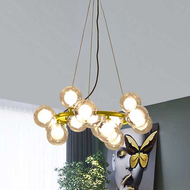 Global Shade Ceiling Light Fixture Modernist Glass 15/25 Bulbs Black/Gold Finish Chandelier Lamp with Metal Ring 15 Gold Clearhalo 'Ceiling Lights' 'Chandeliers' 'Glass shade' 'Glass' 'Modern Chandeliers' 'Modern' Lighting' 438432