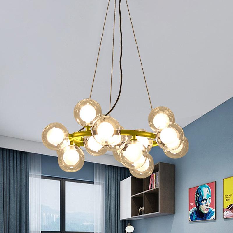Global Shade Ceiling Light Fixture Modernist Glass 15/25 Bulbs Black/Gold Finish Chandelier Lamp with Metal Ring Clearhalo 'Ceiling Lights' 'Chandeliers' 'Glass shade' 'Glass' 'Modern Chandeliers' 'Modern' Lighting' 438433