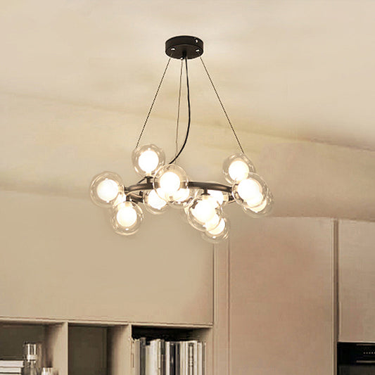 Global Shade Ceiling Light Fixture Modernist Glass 15/25 Bulbs Black/Gold Finish Chandelier Lamp with Metal Ring Clearhalo 'Ceiling Lights' 'Chandeliers' 'Glass shade' 'Glass' 'Modern Chandeliers' 'Modern' Lighting' 438434