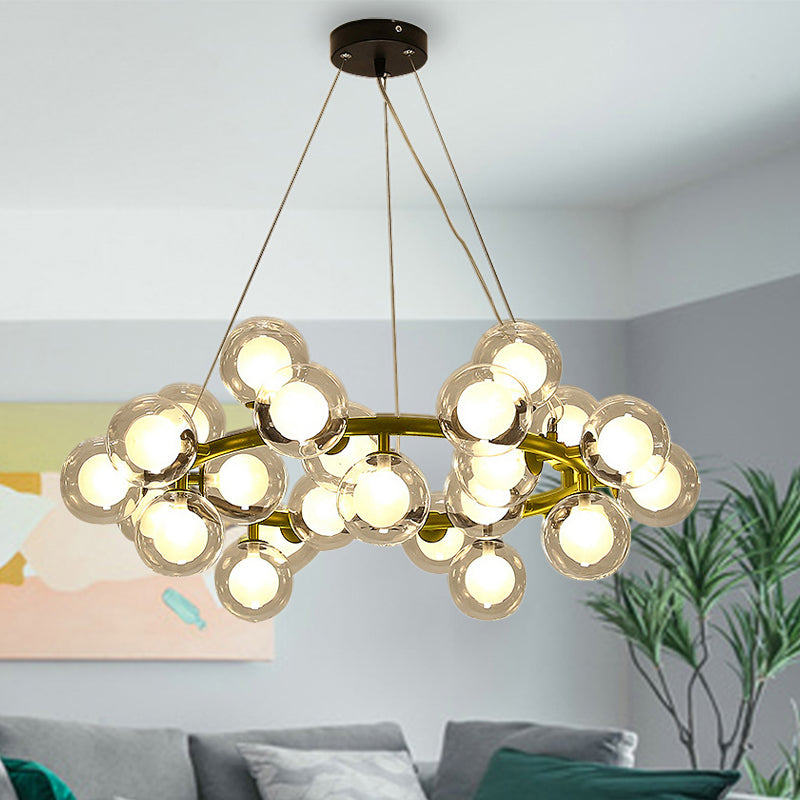 Global Shade Ceiling Light Fixture Modernist Glass 15/25 Bulbs Black/Gold Finish Chandelier Lamp with Metal Ring 25 Gold Clearhalo 'Ceiling Lights' 'Chandeliers' 'Glass shade' 'Glass' 'Modern Chandeliers' 'Modern' Lighting' 438435