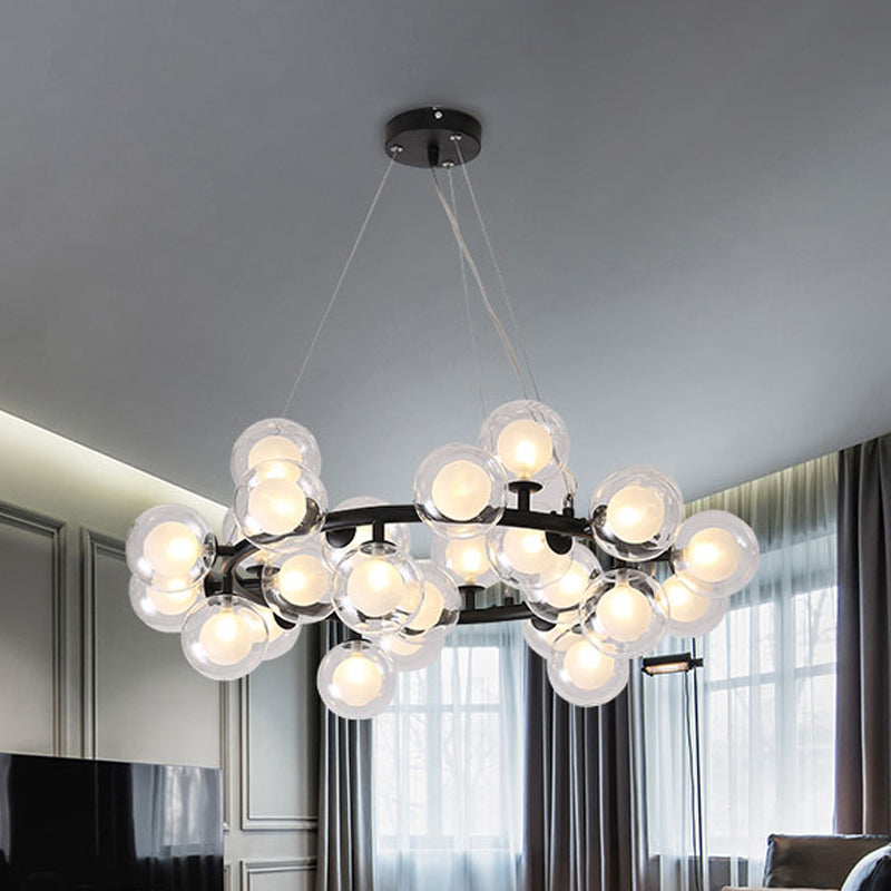 Global Shade Ceiling Light Fixture Modernist Glass 15/25 Bulbs Black/Gold Finish Chandelier Lamp with Metal Ring 25 Black Clearhalo 'Ceiling Lights' 'Chandeliers' 'Glass shade' 'Glass' 'Modern Chandeliers' 'Modern' Lighting' 438436