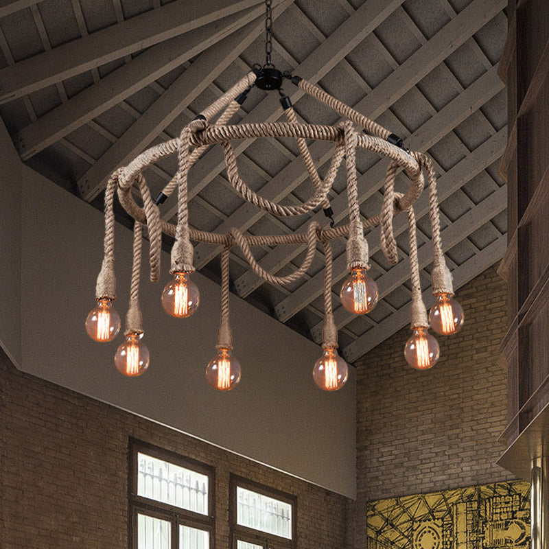 Adjustable Rope Chandelier Pendant Light with Bare Bulb Farmhouse Multi Light Bar Ceiling Fixture in Beige Clearhalo 'Ceiling Lights' 'Chandeliers' 'Industrial Chandeliers' 'Industrial' 'Middle Century Chandeliers' 'Tiffany' Lighting' 438455