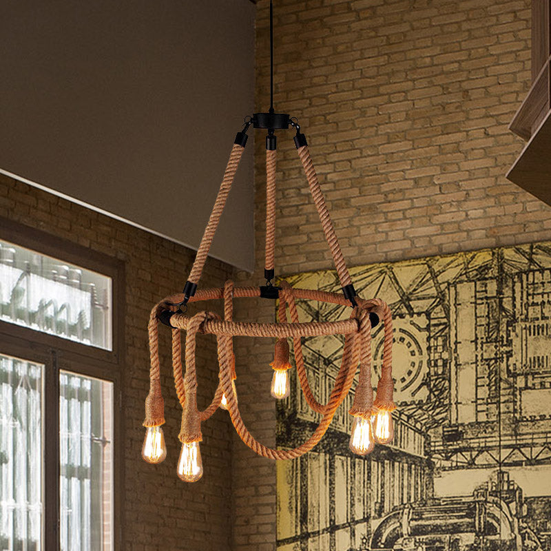 Adjustable Rope Chandelier Pendant Light with Bare Bulb Farmhouse Multi Light Bar Ceiling Fixture in Beige Clearhalo 'Ceiling Lights' 'Chandeliers' 'Industrial Chandeliers' 'Industrial' 'Middle Century Chandeliers' 'Tiffany' Lighting' 438456