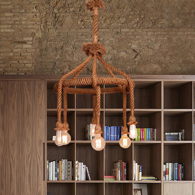 Adjustable Rope Chandelier Pendant Light with Bare Bulb Farmhouse Multi Light Bar Ceiling Fixture in Beige Clearhalo 'Ceiling Lights' 'Chandeliers' 'Industrial Chandeliers' 'Industrial' 'Middle Century Chandeliers' 'Tiffany' Lighting' 438457