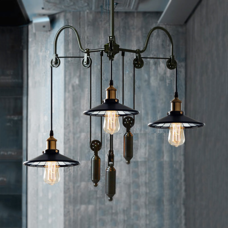 Black 3 Heads Pendant Light Industrial Metallic Flared Chandelier Lamp with Pulley and Cord for Living Room Clearhalo 'Cast Iron' 'Ceiling Lights' 'Chandeliers' 'Industrial Chandeliers' 'Industrial' 'Metal' 'Middle Century Chandeliers' 'Rustic Chandeliers' 'Tiffany' Lighting' 438464