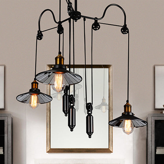 Black 3 Heads Pendant Light Industrial Metallic Flared Chandelier Lamp with Pulley and Cord for Living Room Clearhalo 'Cast Iron' 'Ceiling Lights' 'Chandeliers' 'Industrial Chandeliers' 'Industrial' 'Metal' 'Middle Century Chandeliers' 'Rustic Chandeliers' 'Tiffany' Lighting' 438465