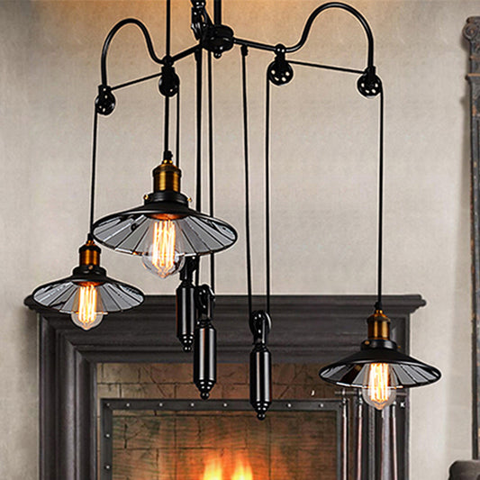 Black 3 Heads Pendant Light Industrial Metallic Flared Chandelier Lamp with Pulley and Cord for Living Room Clearhalo 'Cast Iron' 'Ceiling Lights' 'Chandeliers' 'Industrial Chandeliers' 'Industrial' 'Metal' 'Middle Century Chandeliers' 'Rustic Chandeliers' 'Tiffany' Lighting' 438466
