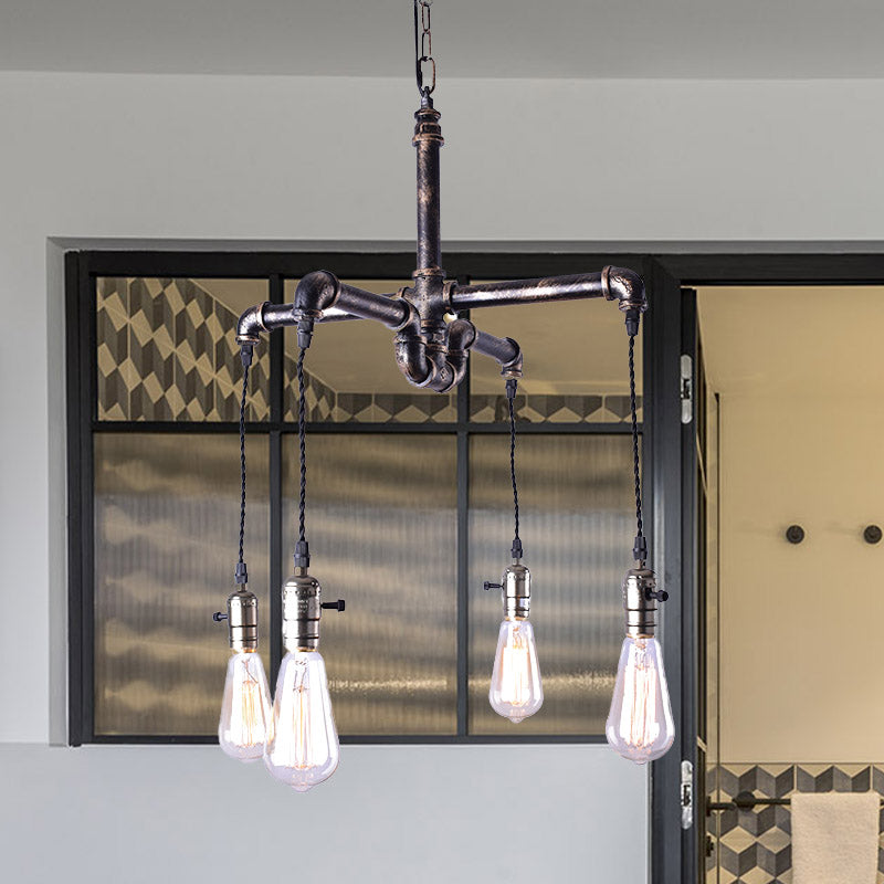4 Bulbs Water Pipe Ceiling Light Rustic Stylish Antique Bronze/Black Wrought Iron Chandelier Lamp Clearhalo 'Cast Iron' 'Ceiling Lights' 'Chandeliers' 'Industrial Chandeliers' 'Industrial' 'Metal' 'Middle Century Chandeliers' 'Rustic Chandeliers' 'Tiffany' Lighting' 438468