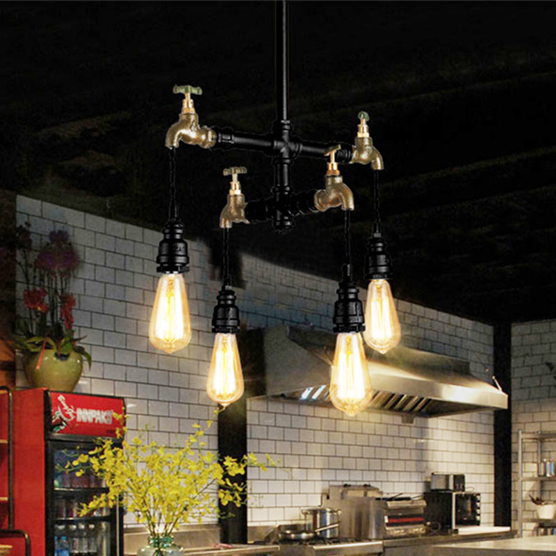 Pipe Indoor Ceiling Lamp with Faucet Farmhouse Style Metallic 4 Bulbs Black Hanging Chandelier Light Clearhalo 'Cast Iron' 'Ceiling Lights' 'Chandeliers' 'Industrial Chandeliers' 'Industrial' 'Metal' 'Middle Century Chandeliers' 'Rustic Chandeliers' 'Tiffany' Lighting' 438469