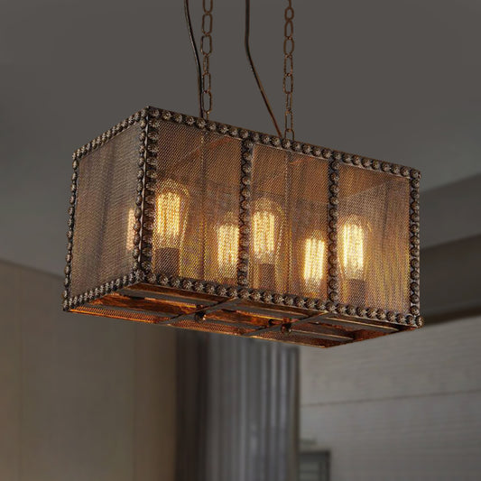 Rectangle Cage Metal Chandelier Lighting with Mesh Screen and Rivets Antique Style 6-Light Indoor Ceiling Light Fixture in Rust Clearhalo 'Cast Iron' 'Ceiling Lights' 'Chandeliers' 'Industrial Chandeliers' 'Industrial' 'Metal' 'Middle Century Chandeliers' 'Rustic Chandeliers' 'Tiffany' Lighting' 438470