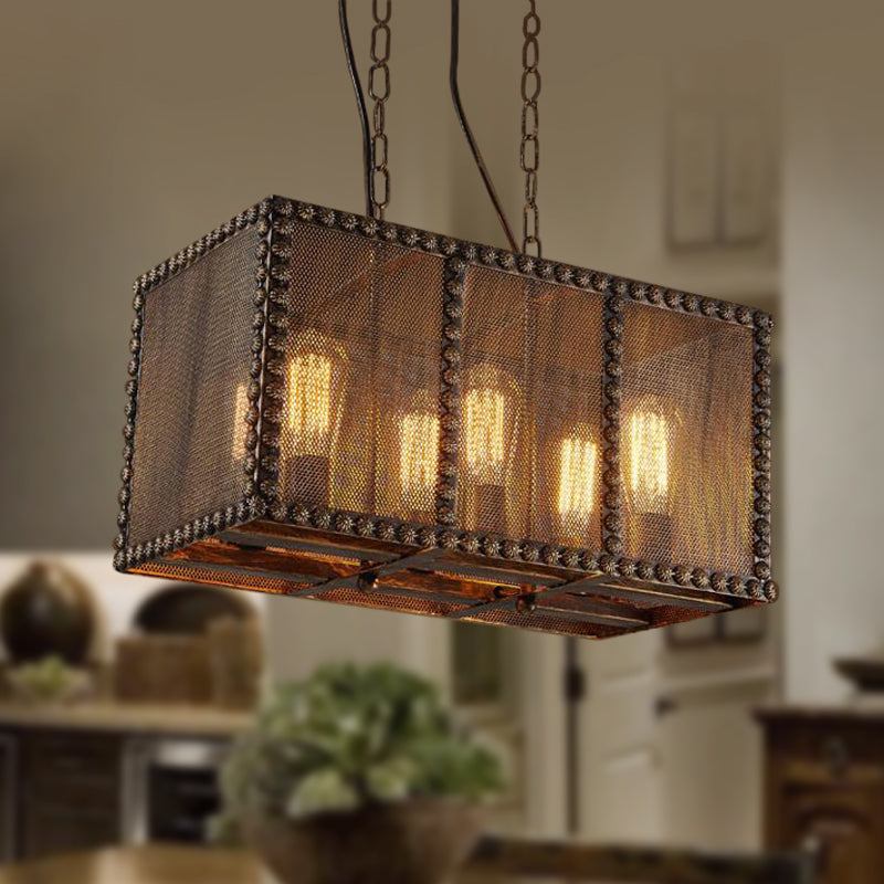 Rectangle Cage Metal Chandelier Lighting with Mesh Screen and Rivets Antique Style 6-Light Indoor Ceiling Light Fixture in Rust Clearhalo 'Cast Iron' 'Ceiling Lights' 'Chandeliers' 'Industrial Chandeliers' 'Industrial' 'Metal' 'Middle Century Chandeliers' 'Rustic Chandeliers' 'Tiffany' Lighting' 438472