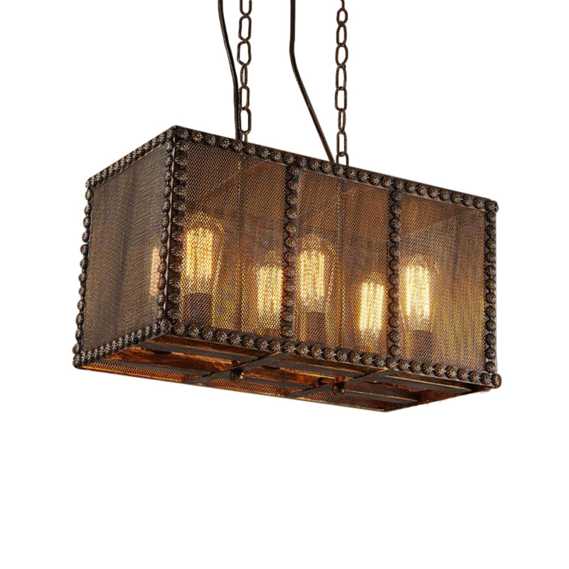 Rectangle Cage Metal Chandelier Lighting with Mesh Screen and Rivets Antique Style 6-Light Indoor Ceiling Light Fixture in Rust Clearhalo 'Cast Iron' 'Ceiling Lights' 'Chandeliers' 'Industrial Chandeliers' 'Industrial' 'Metal' 'Middle Century Chandeliers' 'Rustic Chandeliers' 'Tiffany' Lighting' 438475