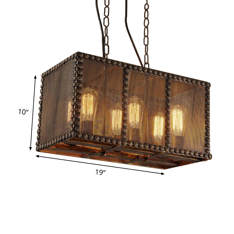 Rectangle Cage Metal Chandelier Lighting with Mesh Screen and Rivets Antique Style 6-Light Indoor Ceiling Light Fixture in Rust Clearhalo 'Cast Iron' 'Ceiling Lights' 'Chandeliers' 'Industrial Chandeliers' 'Industrial' 'Metal' 'Middle Century Chandeliers' 'Rustic Chandeliers' 'Tiffany' Lighting' 438476
