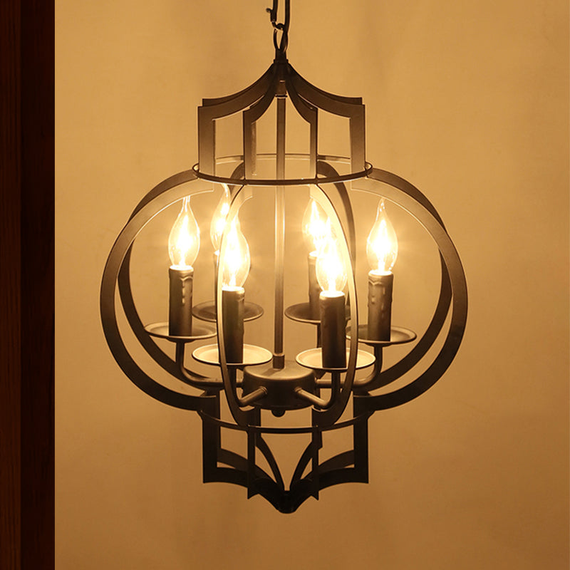 4/6 Bulbs Chandelier Light Vintage Style Lantern Cage Shade Wrought Iron Medium Hanging Lamp in Black Clearhalo 'Cast Iron' 'Ceiling Lights' 'Chandeliers' 'Industrial Chandeliers' 'Industrial' 'Metal' 'Middle Century Chandeliers' 'Rustic Chandeliers' 'Tiffany' Lighting' 438478