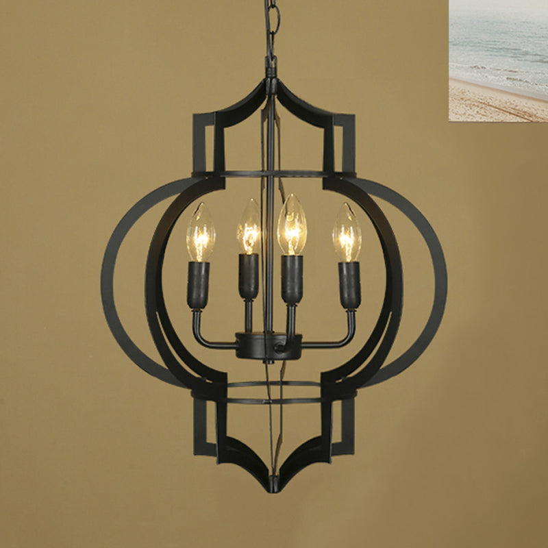 4/6 Bulbs Chandelier Light Vintage Style Lantern Cage Shade Wrought Iron Medium Hanging Lamp in Black Clearhalo 'Cast Iron' 'Ceiling Lights' 'Chandeliers' 'Industrial Chandeliers' 'Industrial' 'Metal' 'Middle Century Chandeliers' 'Rustic Chandeliers' 'Tiffany' Lighting' 438479