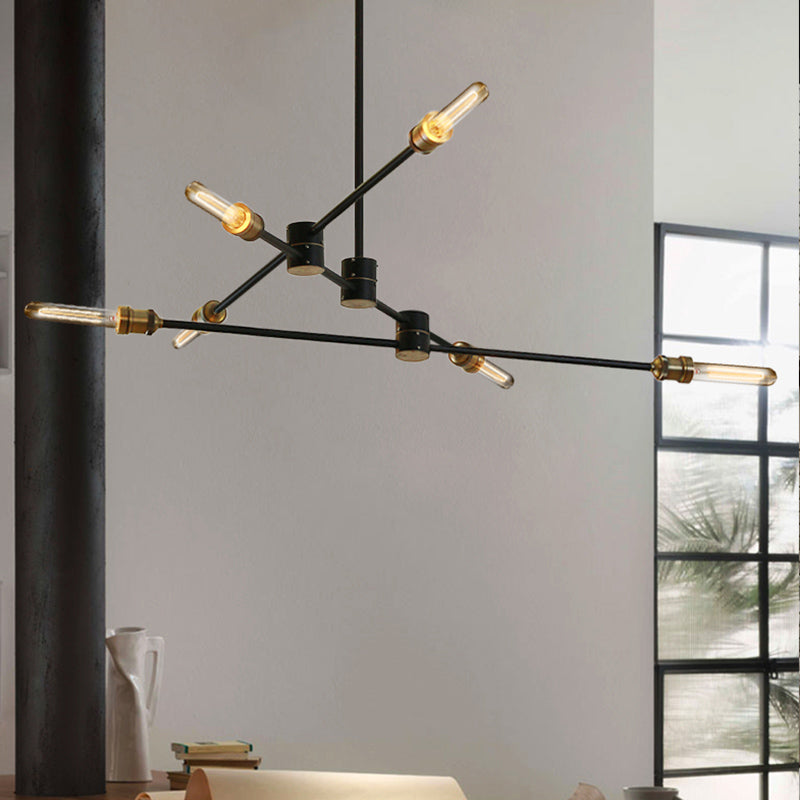 Industrial Style Linear Chandelier Light 6-Light Metallic Ceiling Light Fixture in Black for Living Room Clearhalo 'Cast Iron' 'Ceiling Lights' 'Chandeliers' 'Industrial Chandeliers' 'Industrial' 'Metal' 'Middle Century Chandeliers' 'Rustic Chandeliers' 'Tiffany' Lighting' 438481