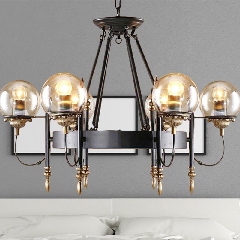 Clear Glass Globe Hanging Chandelier Industrial 6-Light Living Room Pendant Light with Clock Design Clearhalo 'Ceiling Lights' 'Chandeliers' 'Glass shade' 'Glass' 'Industrial Chandeliers' 'Industrial' 'Island Lights' 'Middle Century Chandeliers' 'Tiffany' Lighting' 438573