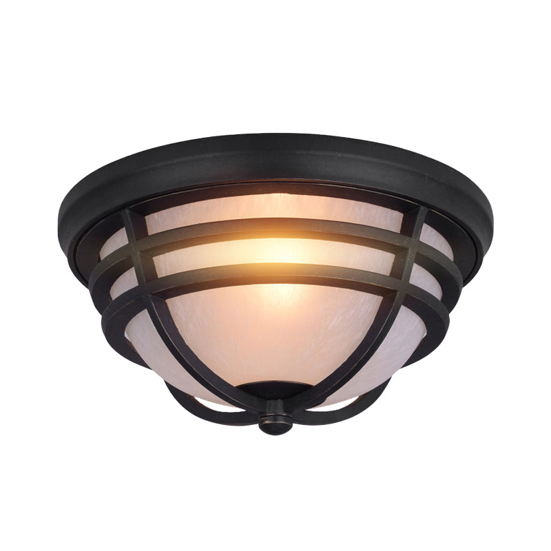 Industrial Bowl Flush Mount Light with Frosted Glass Shade Metallic Flush Lighting in Black for Balcony Clearhalo 'Ceiling Lights' 'Close To Ceiling Lights' 'Close to ceiling' 'Flush mount' Lighting' 438576
