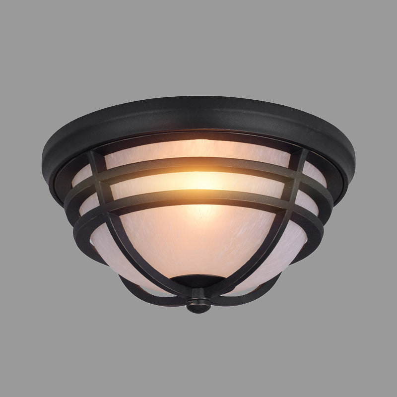 Industrial Bowl Flush Mount Light with Frosted Glass Shade Metallic Flush Lighting in Black for Balcony Clearhalo 'Ceiling Lights' 'Close To Ceiling Lights' 'Close to ceiling' 'Flush mount' Lighting' 438577