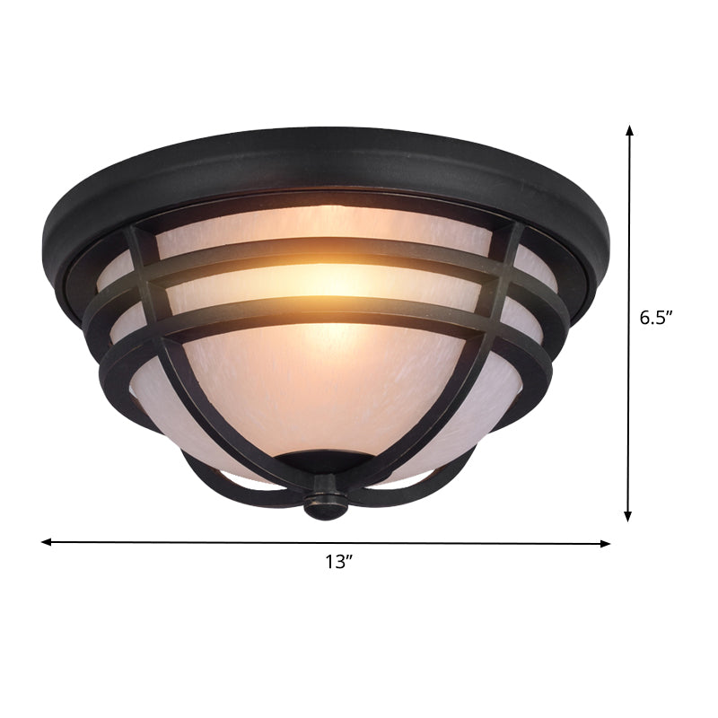 Industrial Bowl Flush Mount Light with Frosted Glass Shade Metallic Flush Lighting in Black for Balcony Clearhalo 'Ceiling Lights' 'Close To Ceiling Lights' 'Close to ceiling' 'Flush mount' Lighting' 438578
