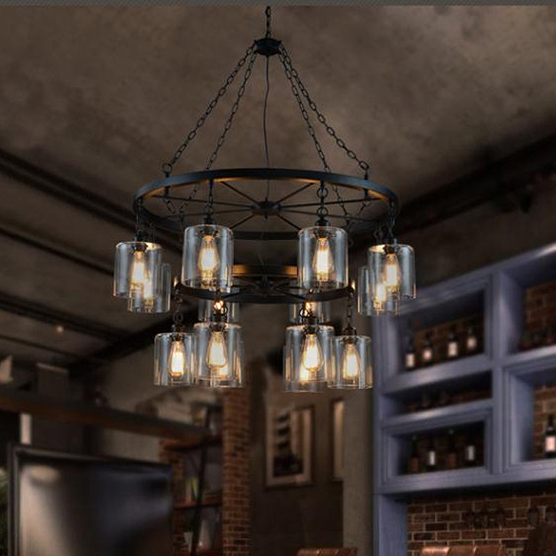 Clear Glass Black Chandelier 2 Tiers Wheel Multi-Light Industrial Pendant Lamp with Cylinder Shade Clearhalo 'Ceiling Lights' 'Chandeliers' 'Clear' 'Glass shade' 'Glass' 'Industrial Chandeliers' 'Industrial' 'Island Lights' 'Middle Century Chandeliers' 'Modern' 'Tiffany' 'Traditional Chandeliers' Lighting' 438581